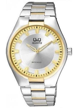 Чоловічий годинник q&q q954j401y сталевий браслет золотистий безель водозахист 30 м сріблястий циферблат