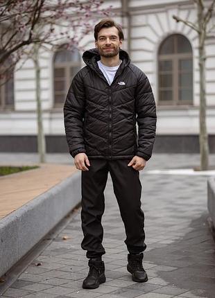 Демисезонный мужской костюм черного цвета,утепленная куртка active tnf на силиконе с прямым кроем и спортивные штаны на манжетах xl
