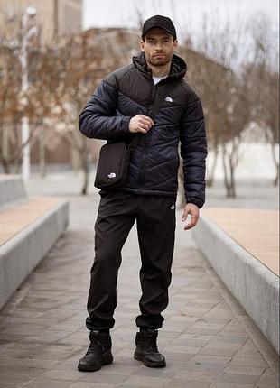 Демисезонный мужской костюм черно-синий, утепленная куртка active tnf на силиконе с прямым кроем и спортивные штаны на манжетах 3xl