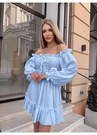 Муслінова літня сукня. рукава ліхтарики. юбка кльош., модель 10309, голубой