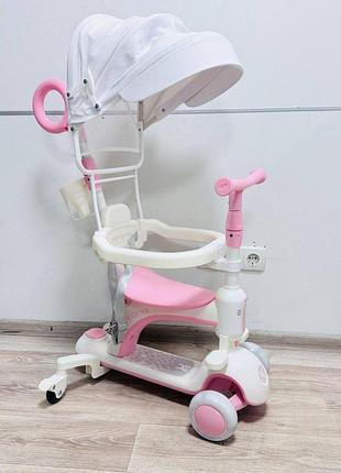 Детский самокат-трансформер 3в1 smart baby 669 с родительской ручкой, козырьком и светящейся декой