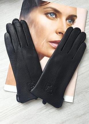 Женские кожаные перчатки из оленьей кожи, подкладка махра black