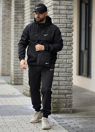 Чёрный мужской осенний ветрозащитный костюм nike, демисезонный анорак с капюшоном и карманами, штаны с манжетами, барсетка l
