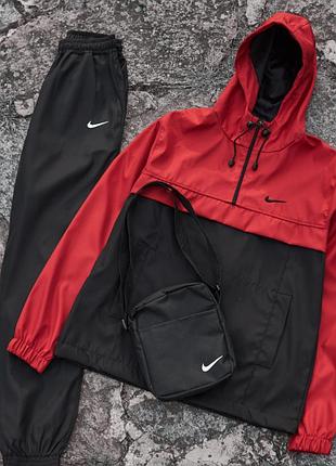 Мужской осенний ветрозащитный костюм nike, демисезонный красный анорак с капюшоном и карманами, штаны с манжетами, барсетка m