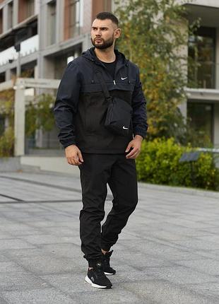 Повсякденний чоловічий комплект nike president, чорно-синій анорак з регульованим капюшоном, штани та барсетка