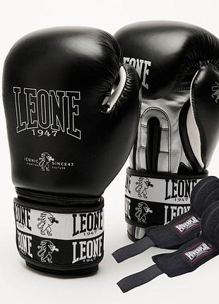 Боксерские перчатки leone gn208 iconic black 16 унций (бинты 4 м. в комплекте)