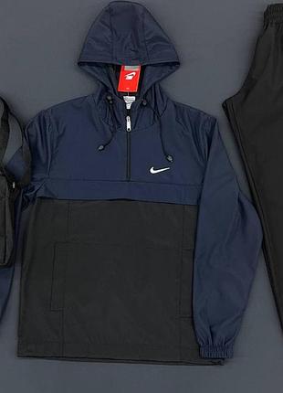 Мужской осенний ветрозащитный костюм nike, демисезонный синий анорак с капюшоном и карманами, штаны с манжетами, барсетка l