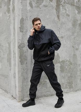 Мужской осенний ветрозащитный костюм nike, демисезонный серо-черный анорак с капюшоном и карманами, штаны с манжетами, барсетка