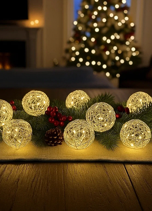 Светодиодная гирлянда на батарейках oecolux christmas серебряные шарики, теплый белый свет, плетение