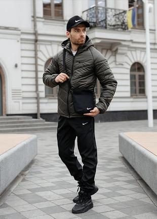 Мужской комплект nike без принта, штаны на резинке и куртка хаки на молнии, силиконовый утеплитель с вшитым капюшоном m