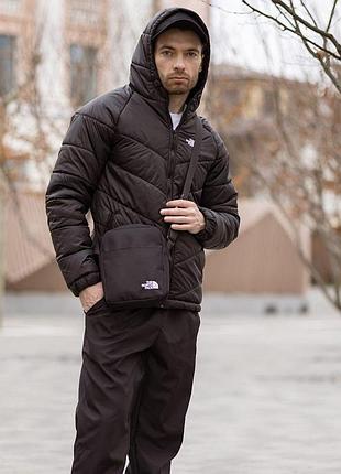 Черный утепленный мужской комплект без принта, штаны на резинке и куртка tnf с молнией, силиконовым утеплителем с капюшоном 2xl