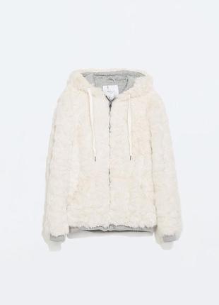 Біла молочна шуба шубка з капюшоном zara зара жіноча коротка полушубок хутряний бомбер куртка штучне хутро осіння весняна