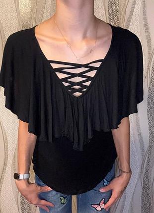 Чорна блуза gina tricot, зі шнурівкою та воланами, xs-l