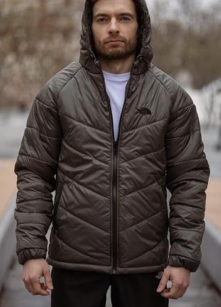 Стильная мужская утепленная куртка tnf цвет хаки на силиконе, с капюшоном, реглановыми рукавами и застежкой-молнией