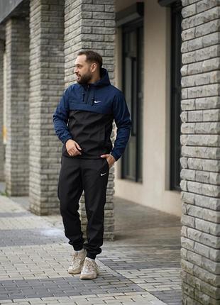 Мужской осенний ветрозащитный костюм nike, демисезонный черно-синий анорак с капюшоном и карманами, штаны с манжетами, барсетка