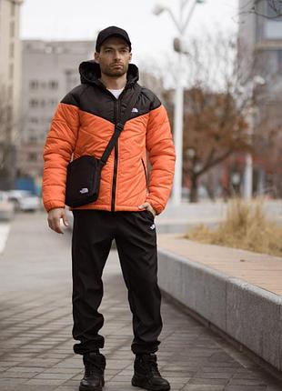 Демисезонный мужской костюм оранжевый, утепленная куртка active tnf на силиконе с прямым кроем и спортивные штаны на манжетах m