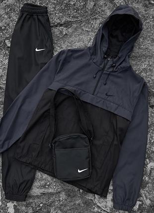 Мужской осенний ветрозащитный костюм nike, демисезонный серый анорак с капюшоном и карманами, штаны с манжетами, барсетка 2xl