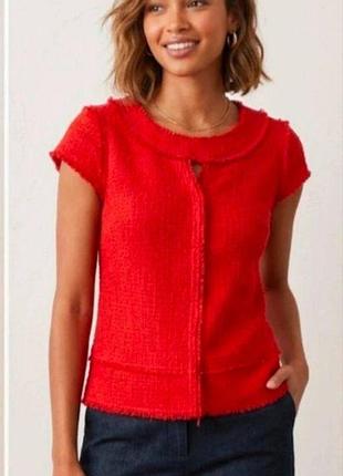 Твідовий  текстурований топ з zara з короткими рукавами коралово-червоного кольору з бахромою, розмір s