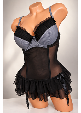 Пеньюар корсетный 80c 75d черный прозрачный babydoll ночная рубашка с подвязками