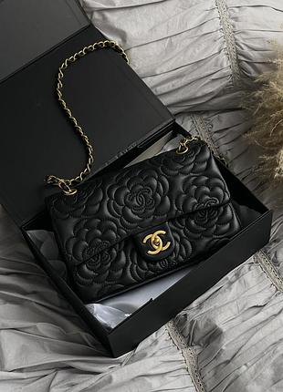 Сумка жіноча клатч через плече chanel classic double flap bag camellia premium шанель чорний золото