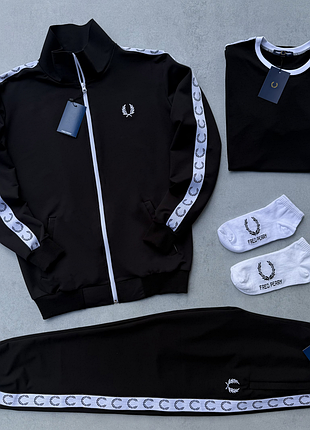 Демисезонный мужской костюм fred perry черный/белый зип кофта с лампасами + штаны + футболка фред пери на весна - осень