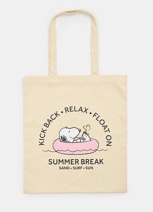 Сумка-шоппер бавовняна «snoopy summer break», бежева, під формат а4