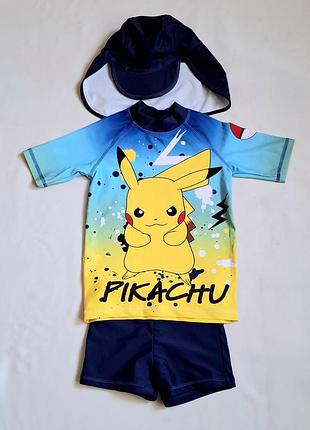 Комплект для пляжа кепка плавки и футболка pikachu upf 50+ солнцезащитная покемон пикачу  на 4 года
