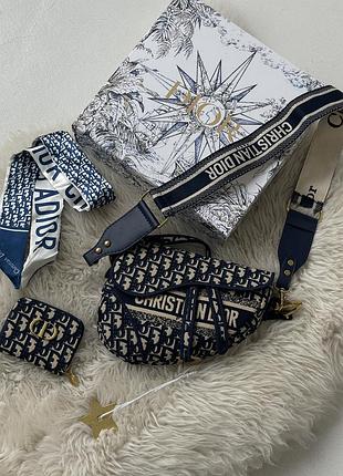 Женская сумка седло кристиан диор синий. подарочный набор dior saddle женский 4 предмета