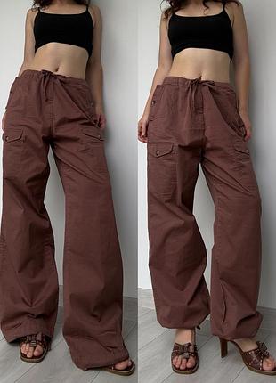 Брюки штаны коричневые wide leg широкие багги baggy оверсайз 42 xl высокая средняя талия посадка хлопок