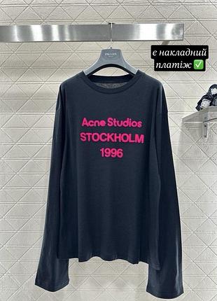 Лонгслів кофта acne studios графітовий оверсайз з рожевим принтом