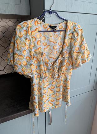 Блуза з пишними рукавами new look, блакитна в апельсинах 4
