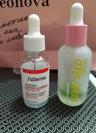 Сироватка для проблемної шкіри j'sderma acnetrix control ac serum (залишок )та заспокійлива та зволожувальна сироватка calarecipe hemp seed serum