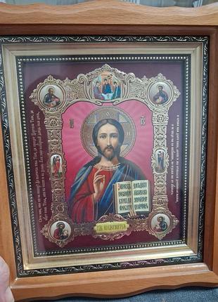 Православну ікону «господь вседержитель» (спас вседержитель) у дерев'яному заскленому кіоті.26×24см