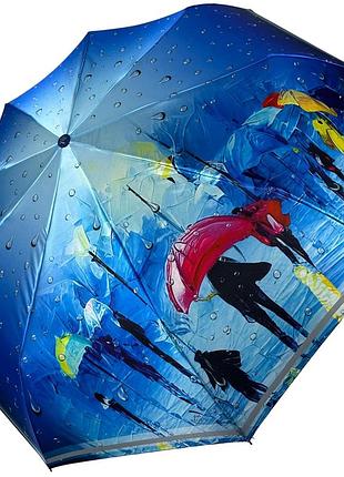 Жіноча парасоля напівавтомат на 9 спиць від frei regen з принтом міста, сатиновий купол, синя ручка, 09073-4