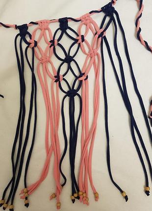 Етнічна дитяча прикраса припинда з натуральної тканини синьорожева, довжина пояса 80см, ширина припинди 25см, довжина припинди 36см, на 4-7 років