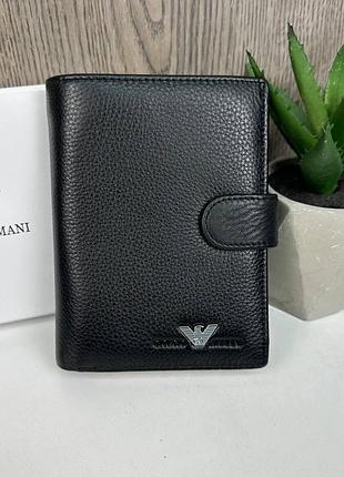 Мужской кожаный кошелек портмоне стиль армани черный в коробке armani