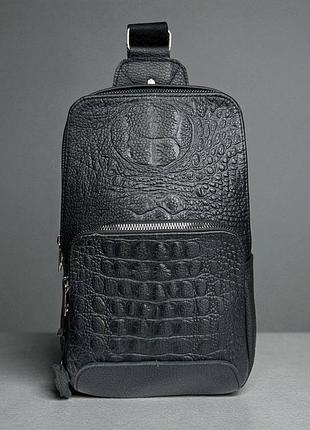 Мужская кожаная сумка бананка рептилия на грудь, сумка-бананка грудная из натуральной кожи черная