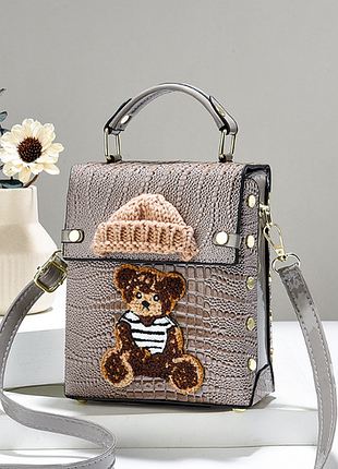 Женская лаковая мини сумочка с медведем, маленькая сумка рептилия для девушек с мишкой серый