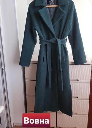 Довге вовняне пальто з поясом зелене вовна букле gn moda collection
