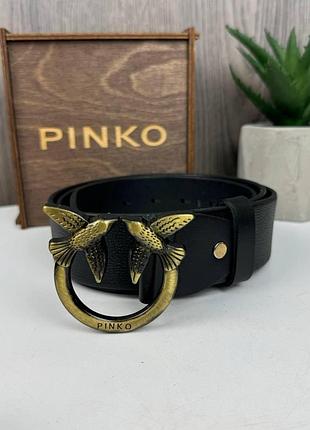 Шкіряний жіночий ремінь широкий стиль пінко з пташками, пояс pinko натуральна шкіра вінтажне золото