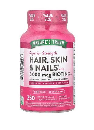 Nature's trusth, добавка для волос, кожи и ногтей с биотином, усиленного действия, 250 капсул с жидкостью с быстрым высвобождением.