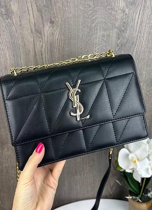 Стильная женская мини сумка клатч на плечо ysl, сумочка с цепочкой черный с золотом