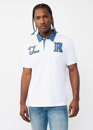 Нове чоловіче біле поло true religion denim jersey з контрастним синім джинсовим коміром та вишитим логотипом.s 36-38 usa 🇺🇸