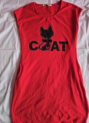 Яскрава червона сукня-туніка з принтом «cat» та стразами (lemon fashion, l/xl)