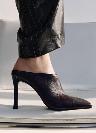 Мюлі zara zw collection з натуральної шкіри, туфлі на підборах, мюлі на підборах