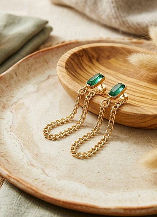 Серьги зеленые камешки с цепочкой