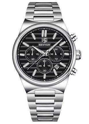 Чоловічий наручний годинник benyar by-5214 silver-black з хронографом та сталевим браслетом