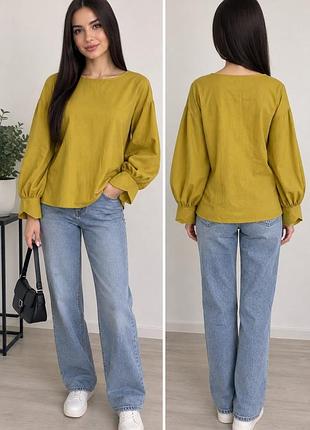 Стильная горчичная блуза zara basic (z1975 denim) с объемными рукавами
