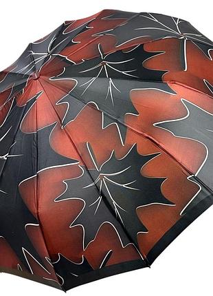 Жіноча парасоля автомат на 14+3+2 сигментних карбонових спиць сатиновий купол з принтом листя від mario, ручка бордова, mr 02025-5