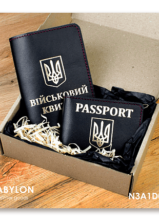 Набір обкладинок: військовий квиток та id-passport (чорний, золоте тиснення, червона нитка)